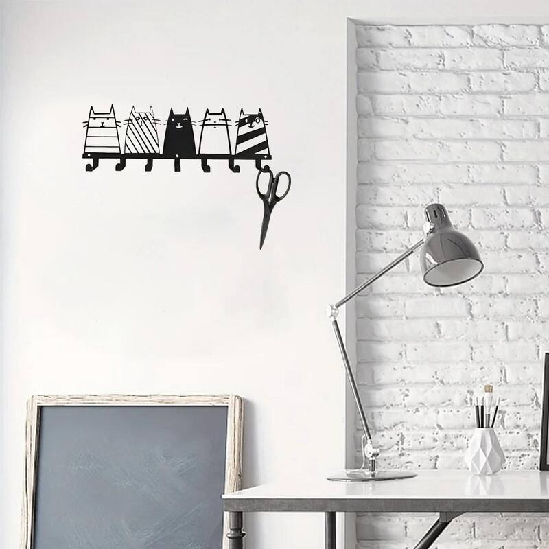 Cute Cat Wall Hooks 7-Hook Key Rack Coat Rack Modern Decor - 13.74" x 4.37"