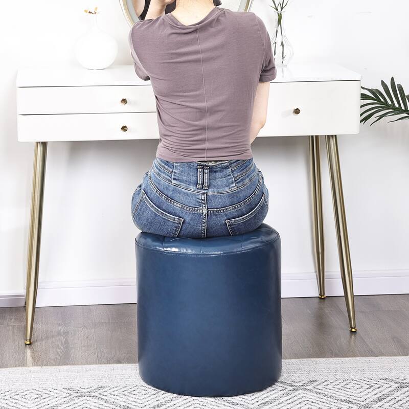 Adeco Round Ottoman Upholstered Tufted Faux Leather Footrest