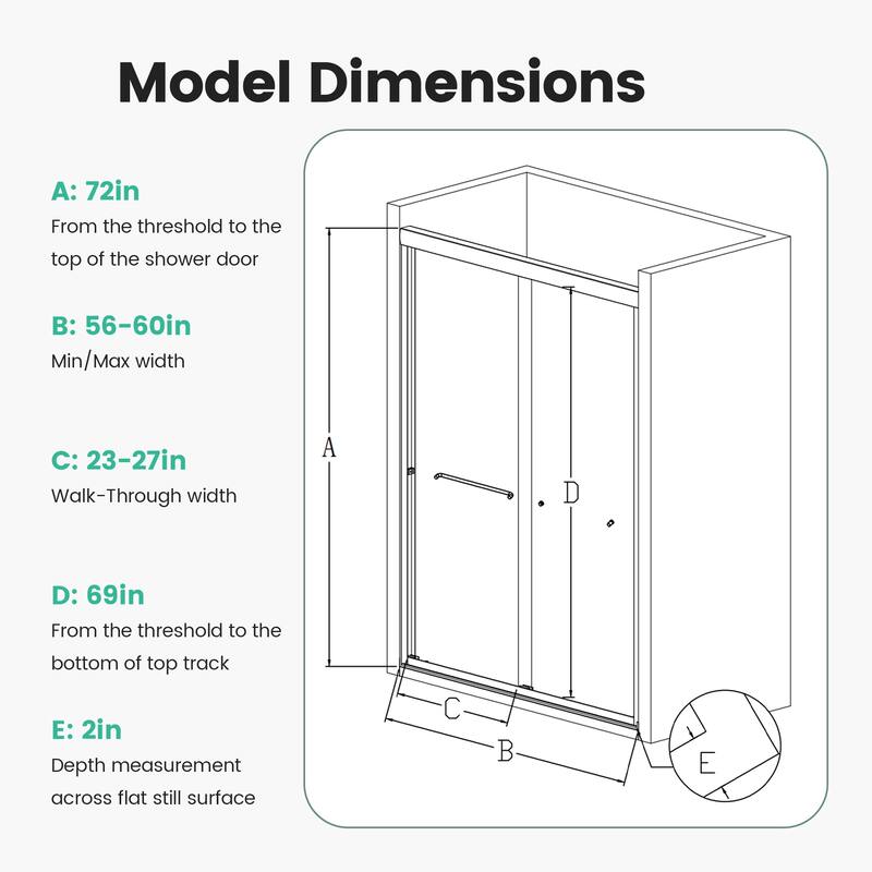 56-60" W x 72" H Semi-Frameless Double Sliding Shower Door, 6mm Tempered Glass Bypass Enclosure - 60x72"