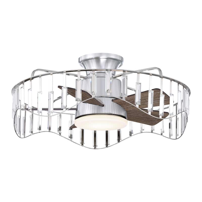27" Modern Flush Mount Ceiling Fan Caged Crystal Fandelier Low Profile Ceiling Fan in Brushed Nicke