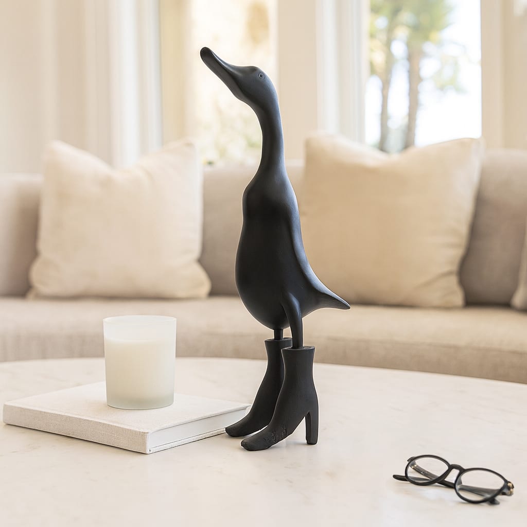 Bamboo Wood Duck in Rainboots Figurine - Black, 20 in.