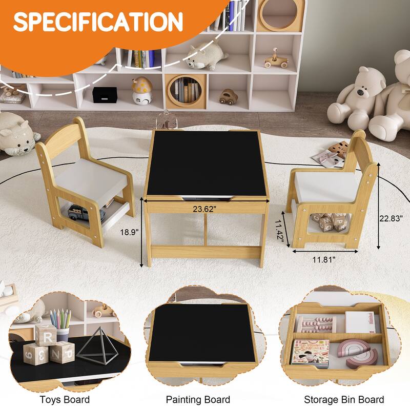 3-in-1 Kids Activity Table Set with Chairs Dual-Sided Whiteboard and Chalkboard for Play - Table-23.62”L x 23.62”W x 18.9”H