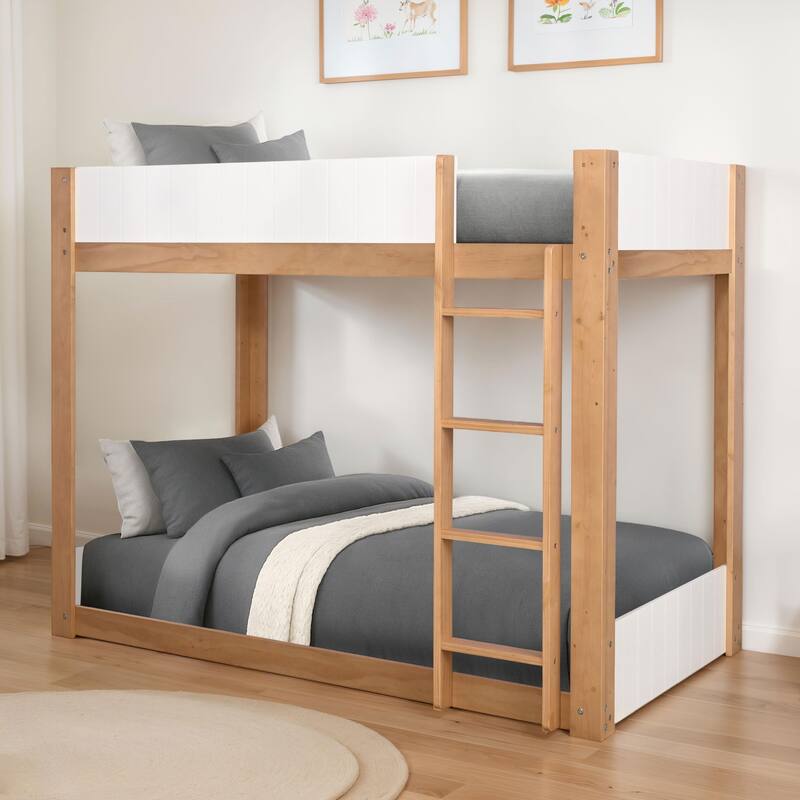 Furniture of America Oryas White and Natural Solid Wood Twin over Twin Low Profile Bunk Bed - White and Natural