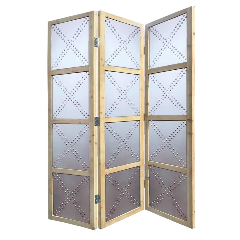 Contemporary 3 Panel Screen with Wood Frame & Nailhead Trim Design, Gray