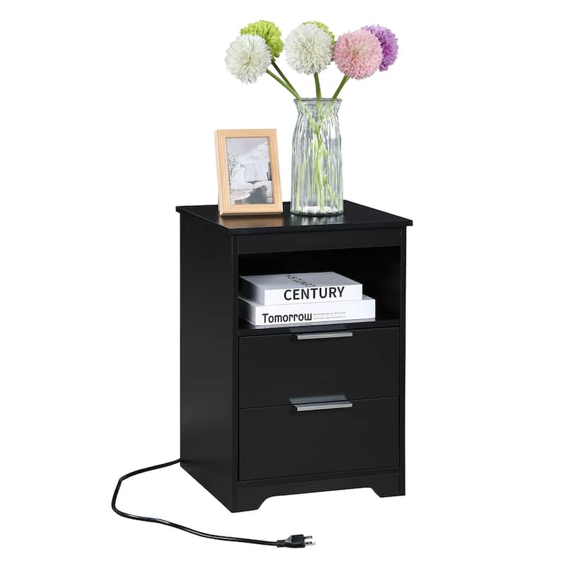 Nightstand with Charging Station,End Table with 2 Drawers,Wooden End Table with Drawer and Opening Shelf - Black