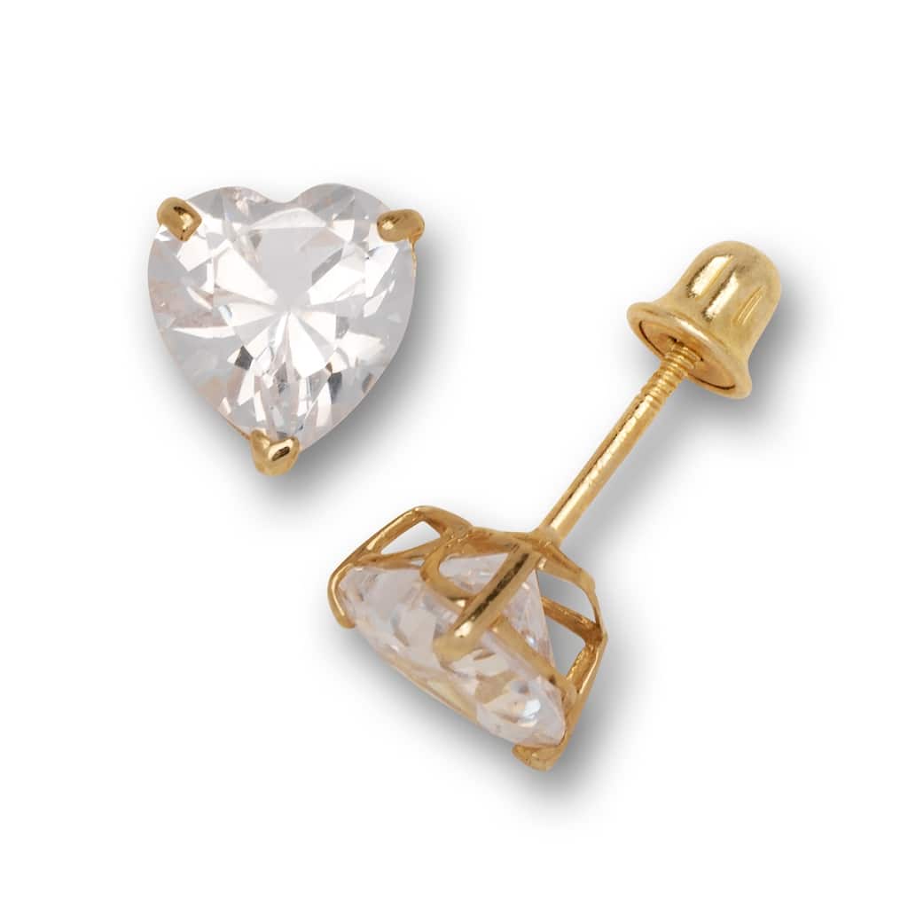 Curata 14k Yellow or White Gold Heart-Shape Cubic Zirconia Screw Back Stud Earrings - 4mm 5mm 6mm