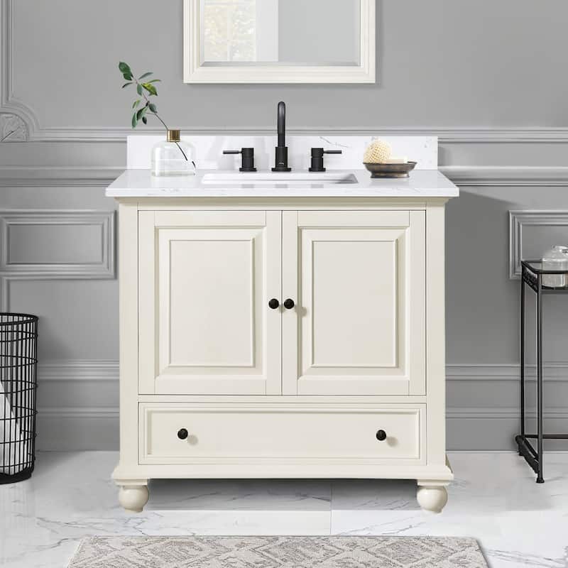Thompson 36 in. Single Sink Bathroom Vanity with Engineered Stone Top - 37"W x 22"D x 35"H - French White