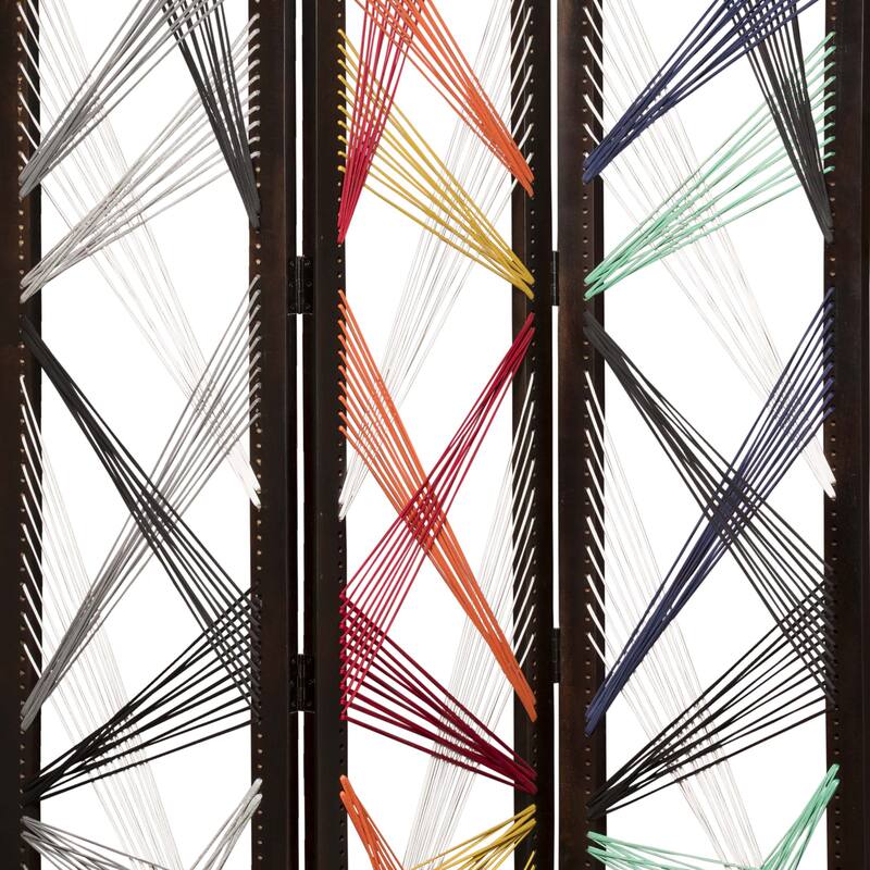 Contemporary 3 Panel Wooden Screen with Woven String Design, Multicolor