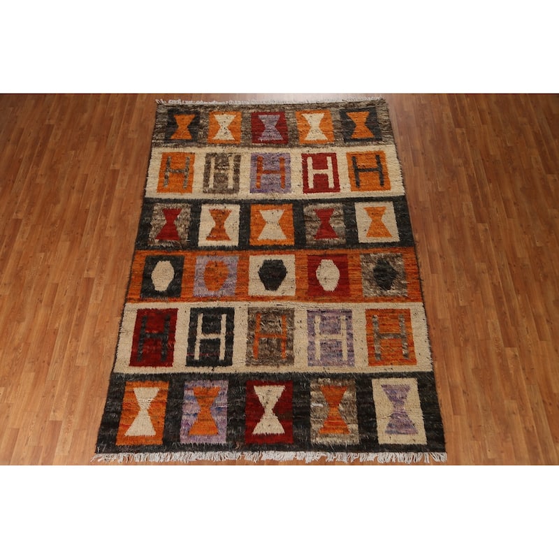 Hand Knotted Oriental 100% Wool Carpet Modern Tribal Multi-Colored Moroccan Area Rug - 9' 7'' X 6' 9''