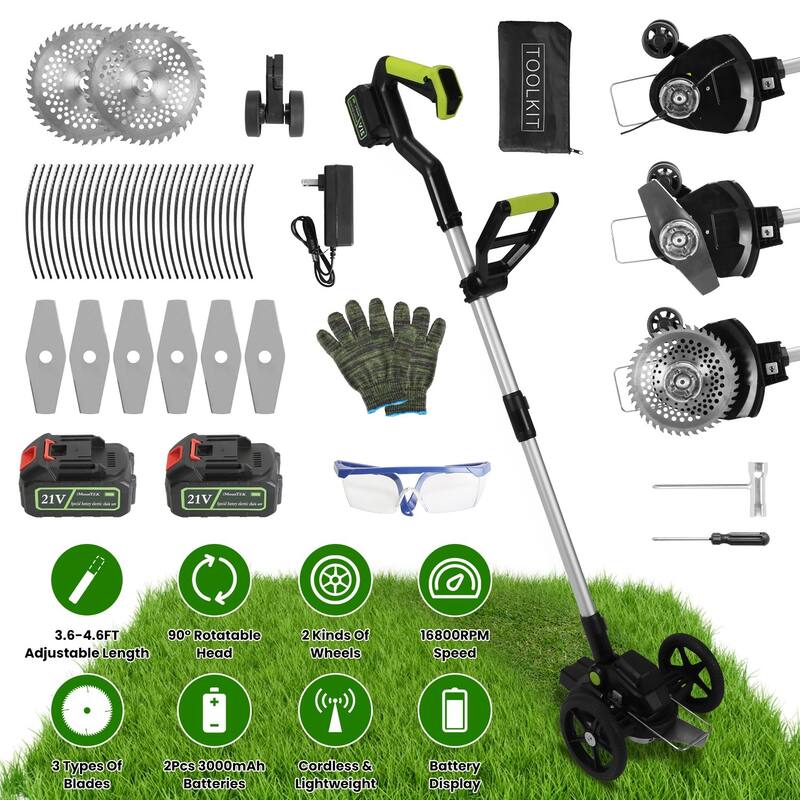 21V Cordless Brushless Grass Trimmer with 3 Blade Types and Adjustable Pole Dual Wheels - 7.68” x 4.33”