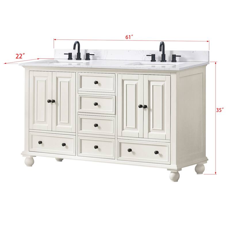 Thompson 60 in. Double Sink Bathroom Vanity with Engineered Stone Top - 61"W x 22"D x 35"H