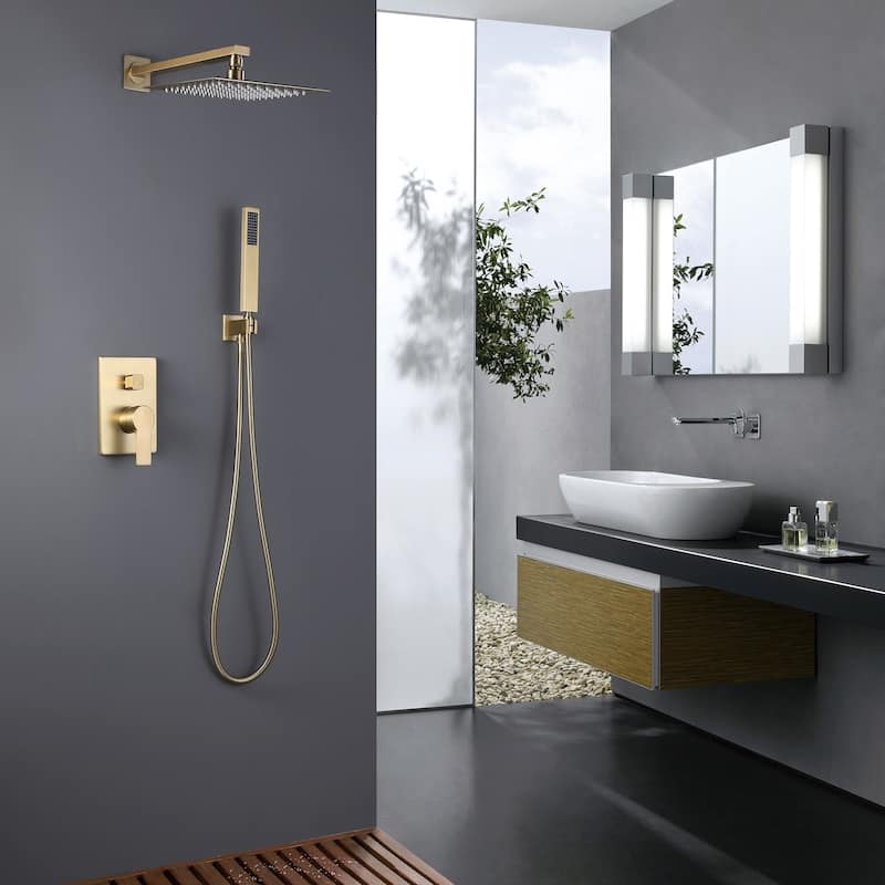 Brushed Gold 1-Spray Square Wall Bar Shower Kit with Hand Shower - 10 inch