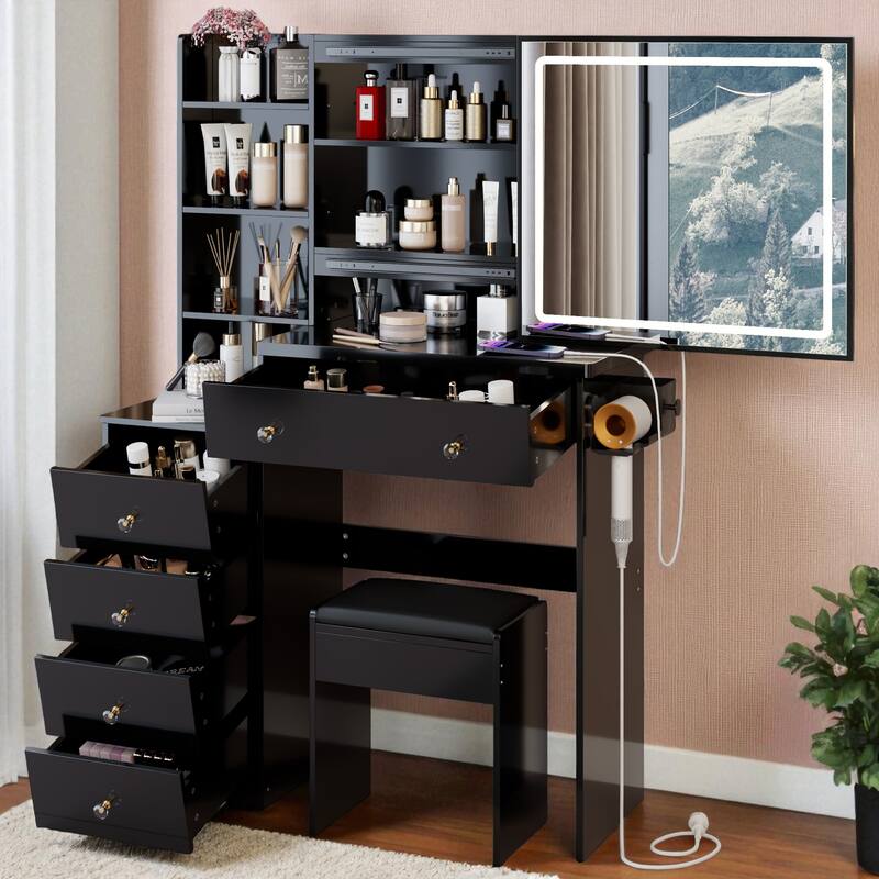 37" Vanity Table with Sliding LED Mirror, Stool, 2 AC & 2 USB Ports, Hair Dryer Stand, Touch Light