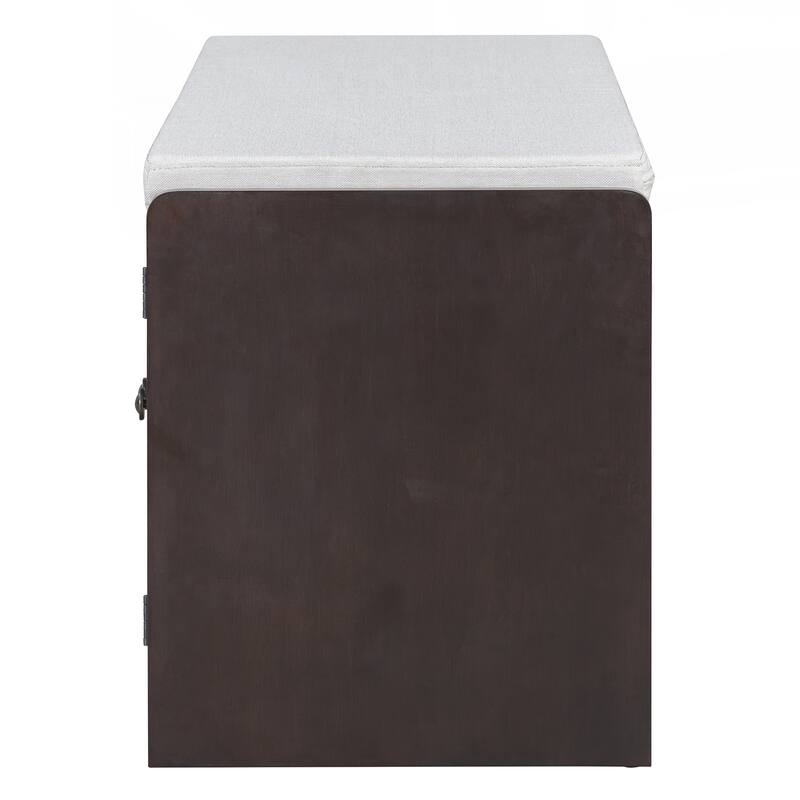 Rustic Storage Bench Multifunctional Wood Entryway Shoe Bench with Removable Cushion, Woven Rattan Doors & Adjustable Shelves