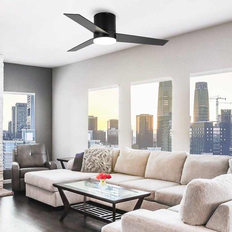 48" Matte Black Dimmable LED Flush Mount Ceiling Fan with Remote