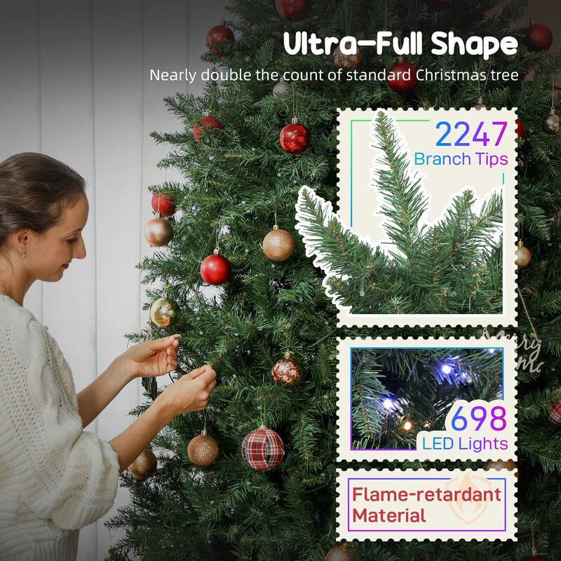 HOMCOM 7.5ft Smart Prelit Xmas Tree: Full-Spectrum RGB, App/Remote, Hinged, Easy Assembly, Green