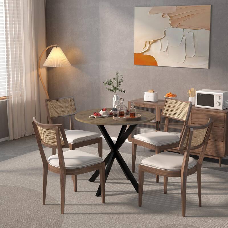 31.5 Inch Round Dining Table, Small Circle Kitchen Table with Metal Black Legs for 2-4 people,Modern Dining Room Table, Brown (o