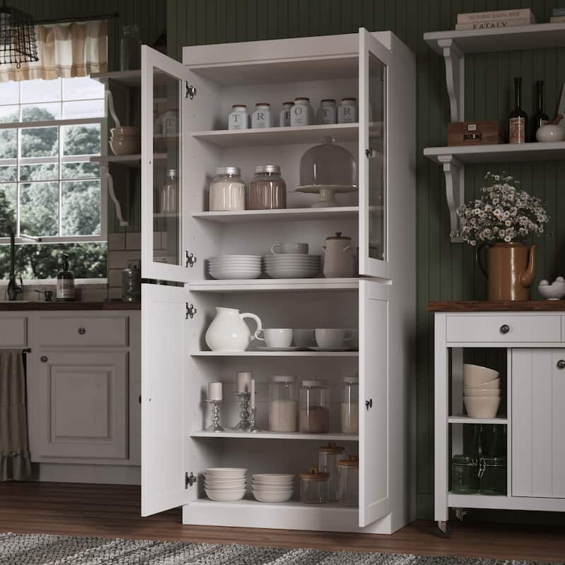 Palace Imports 100% Solid Wood 32" Pantry Cabinet with Clear Glass, Shaker Doors and Adjustable Shelves