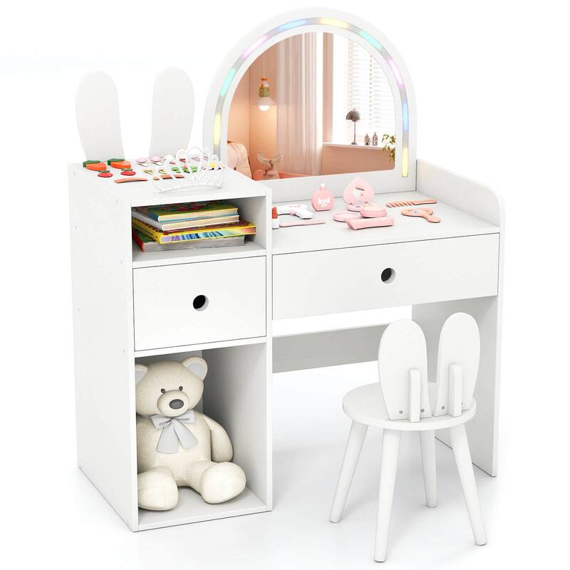 Costway Princess Bunny Makeup Table with Lighted Mirror, Open Shelves - See Details - White