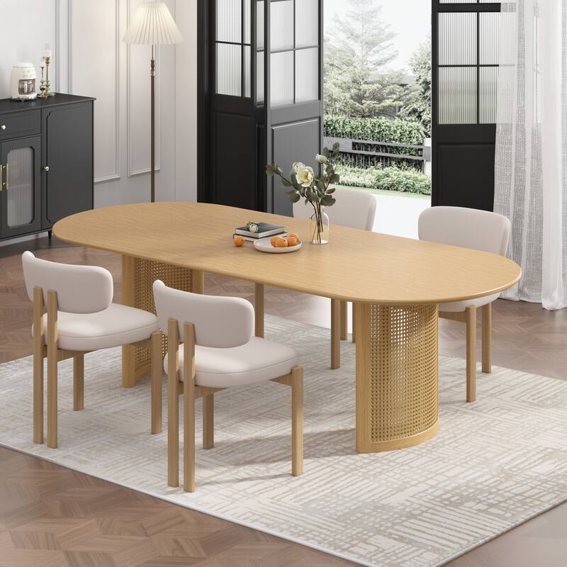 Oval Dining Table with Arc-Shaped Edge Top and Rattan Woven Base Modern Farmhouse Kitchen Table for Living Room Dining Room