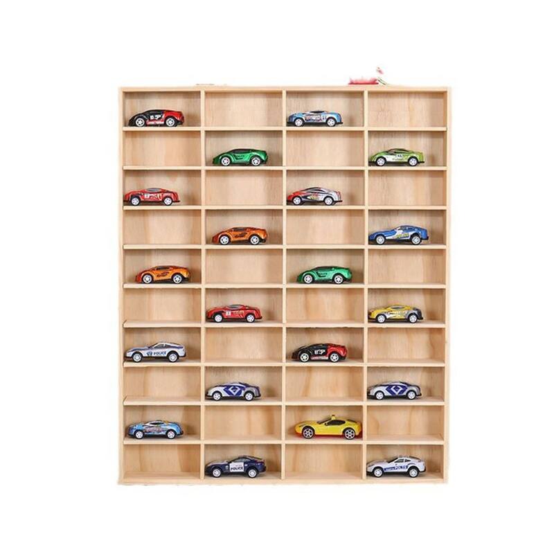 40 Compartment Wooden Display Case for 1 64 Toy Cars Wall Mounted or Countertop Storage Organizer Hardwood Shelf