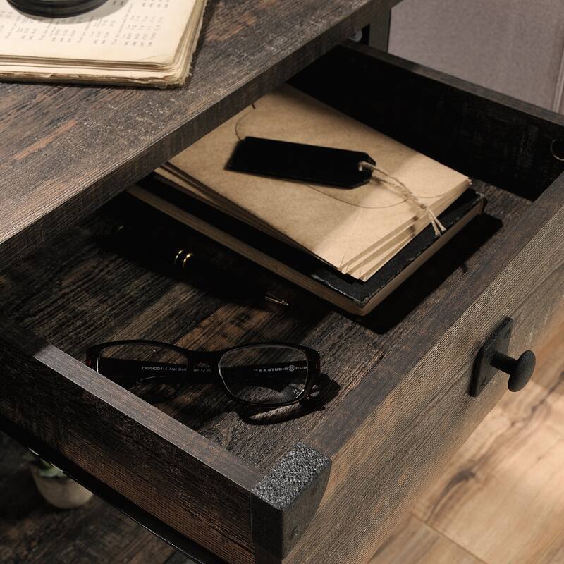 Wood Industrial Side Table with Smooth-Glide Drawers and Open Shelf, Brown - 22.44" L x 21.65" W x 23.11" H