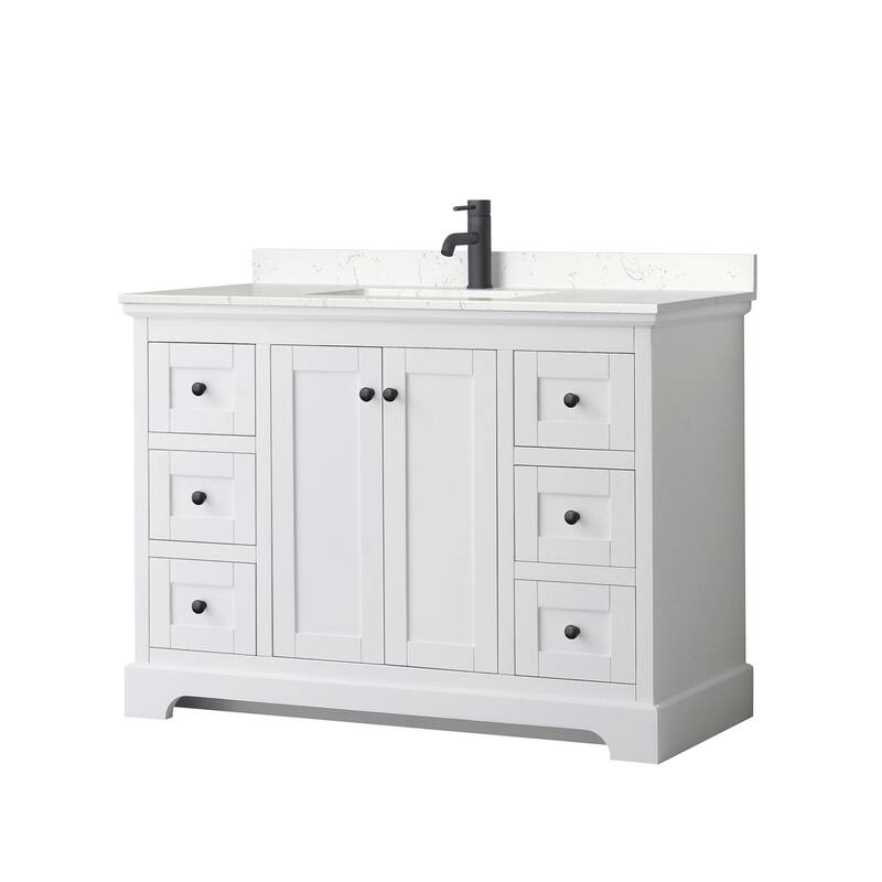 Wyndham Collection Avery 48" Free Standing Single Basin Vanity Set - White / Carrara Cultured Marble Top / Matte Black