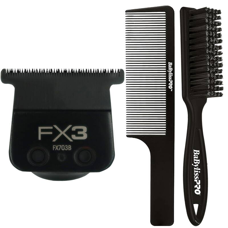 BaByliss Pro FX3 Titanium Carbon-Nitride Standard-Tooth Ultra-Thin Replacement T-Blade FX703B + Fade Brush + 9" Comb - Black