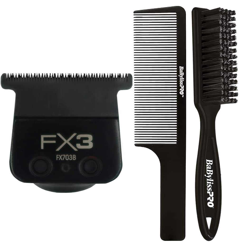 BaByliss Pro FX3 Titanium Carbon-Nitride Standard-Tooth Ultra-Thin Replacement T-Blade FX703B + Fade Brush + 9" Comb