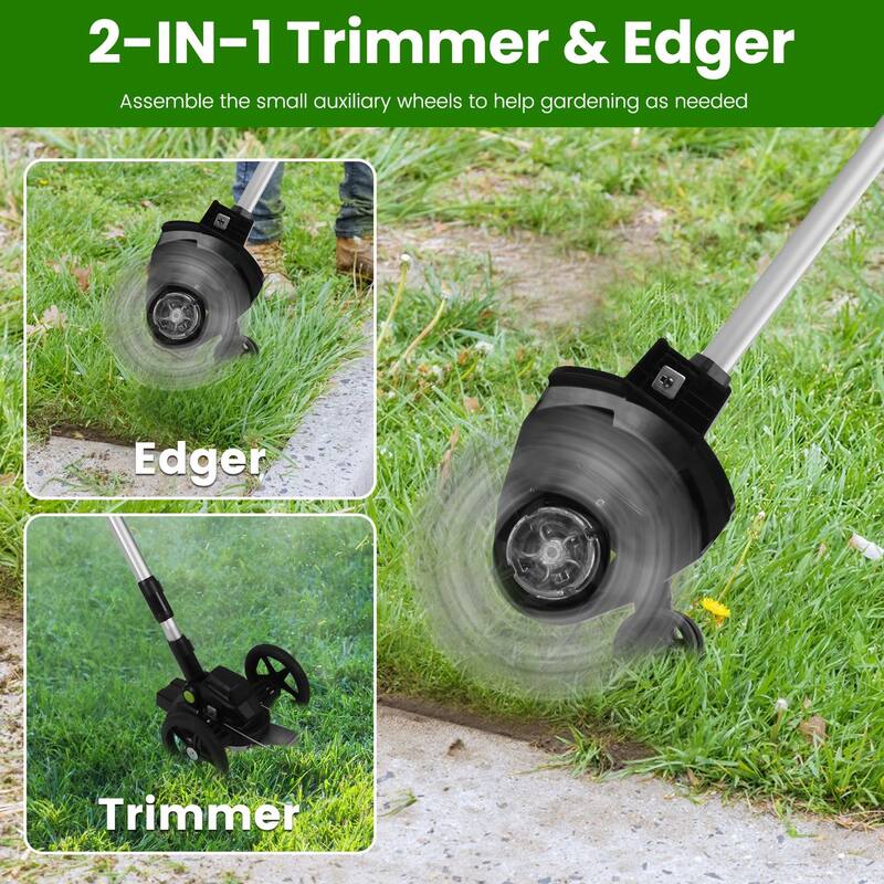 21V Cordless Brushless Grass Trimmer with 3 Blade Types and Adjustable Pole Dual Wheels - 7.68” x 4.33”