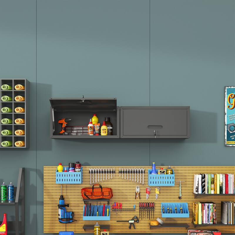 Heavy-Duty Lockable Dark Grey Metal Wall Storage Cabinet for Garage Workshop or Utility Room - 29.52”L x 11.81”W x 13.58”H