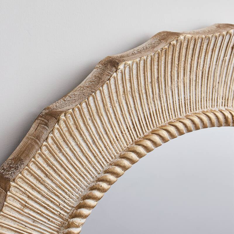 30" Bohemian Beige Round Wooden Decorative Bathroom Vanity Wall Mirror