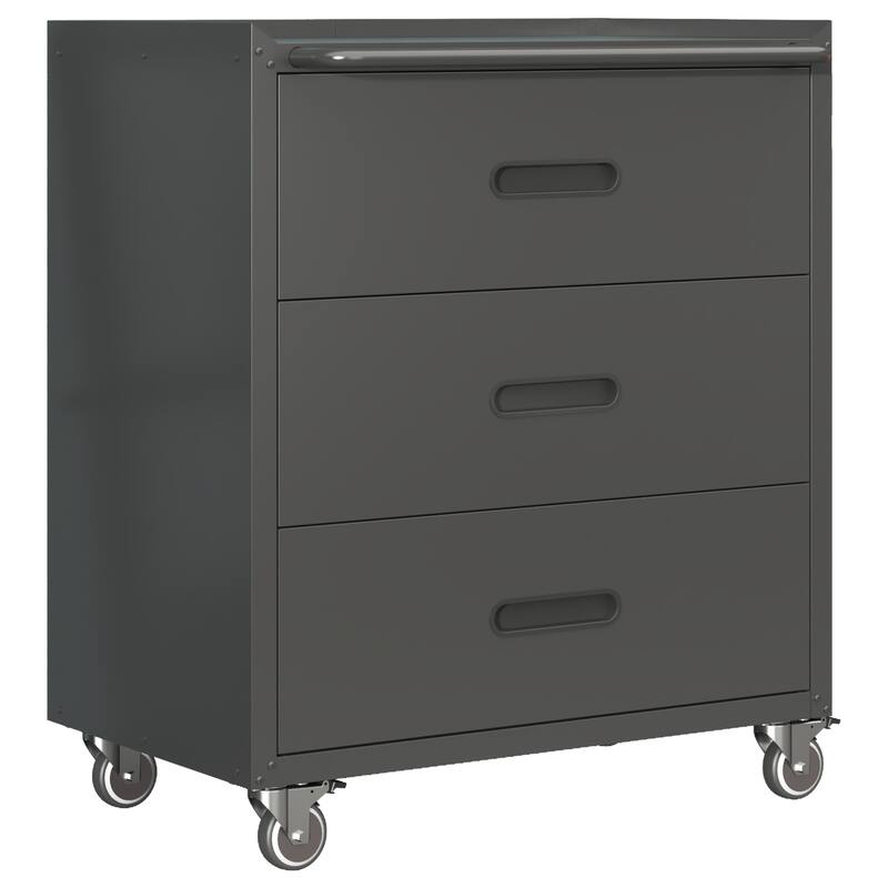 Black and Grey Steel Storage Cabinet with Raised Top and Smooth Sliding Drawers for Garage - 29.53"W x 16.54"D x 34.65"H