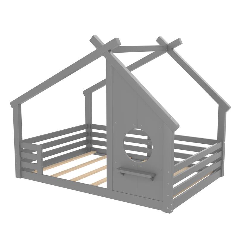 Montessori Kids House-shaped Floor Bed with Window and Shelf