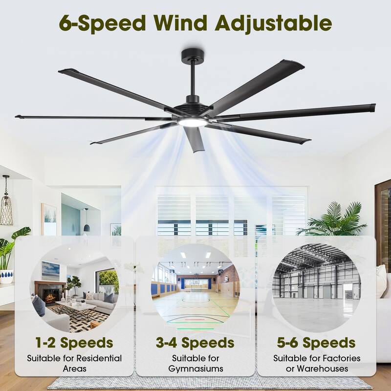84" Matte Black Dimmable Large Industrial Ceiling Fan with LED Light and Remote - 84 in. D x 84 in. W x 15.3 in. H
