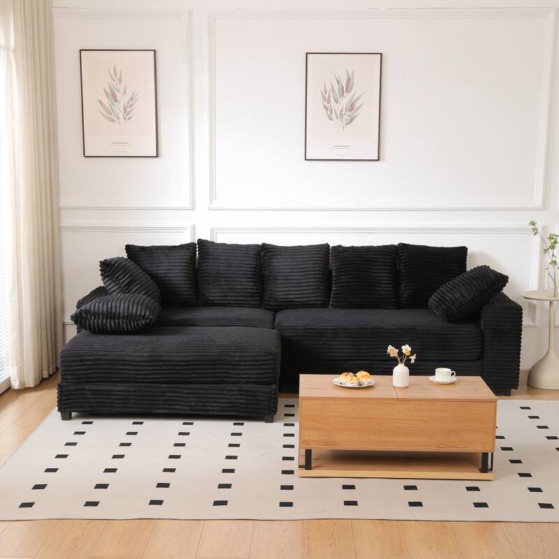108.66" Thickened Corduroy Sectional Sofa with Storage Ottoman & Throw Pillows - Black