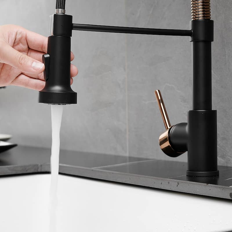 Matte Black and Brushed Nickel Brass Single Handle Pull Out Sprayer Kitchen Faucet - 8.26 In. W X 16.3 In. H X 16.3 In. D