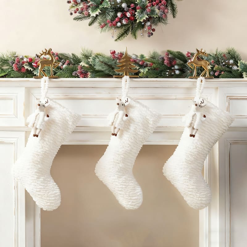 Glitzhome Resin Christmas Tree and Reindeer Stocking Holder with Stocking