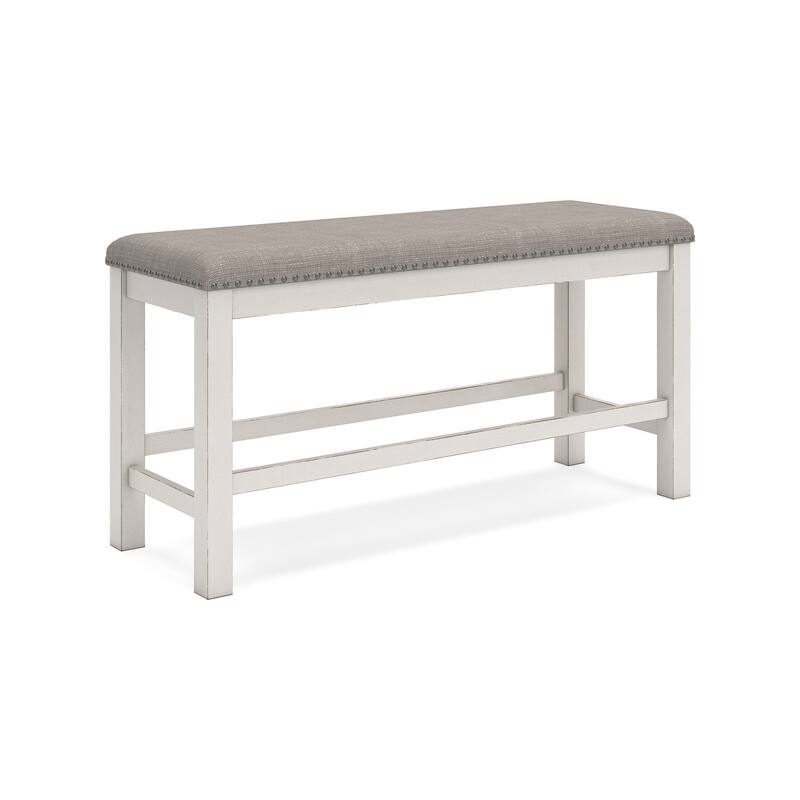 Lea Counter Height Dining Bench, Classic White Wood, Gray Polyester
