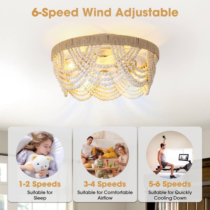 20" Smart Bohemian Wood Bead Beige Ceiling Fan with Remote and Light and APP Control - 19.7" D x 19.7" W x 10.1" H