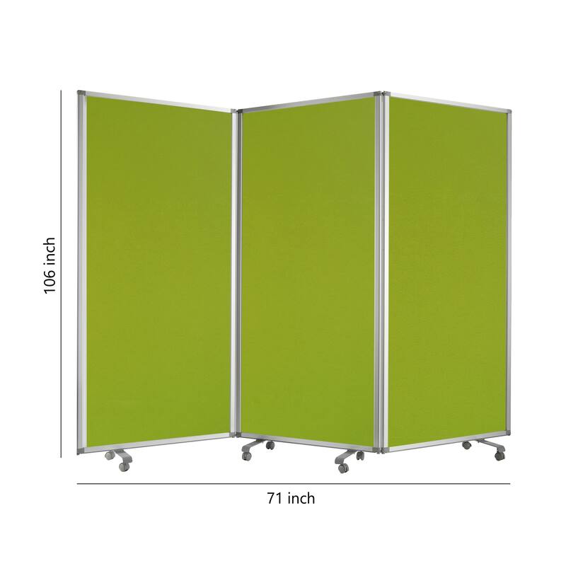 Accordion Style Fabric Upholstered 3 Panel Room Divider, Green and Gray