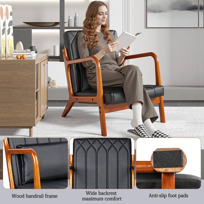 VECELO Mid Century Black PU Leather Accent Chair Lounge Chair with Removable Pillows Wooden Arms 300 lb Capacity for Living Room