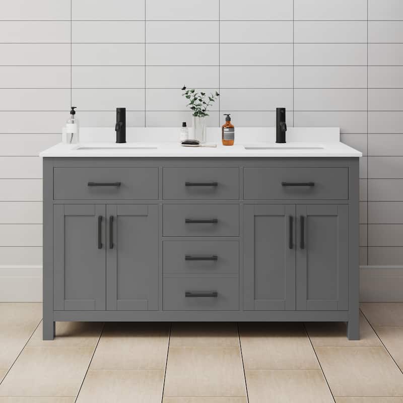 Wyndham Collection Beckett 60" Free Standing Double Basin Vanity Set - Dark Gray / White Cultured Marble Top / Matte