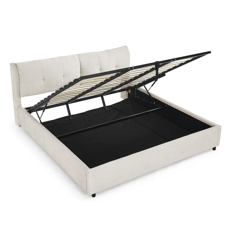 Chenille Storage Bed Frame, Hydraulic Lift Platform Bed with Under Bed Storage and Integrated Headboard, No Box Spring Needed