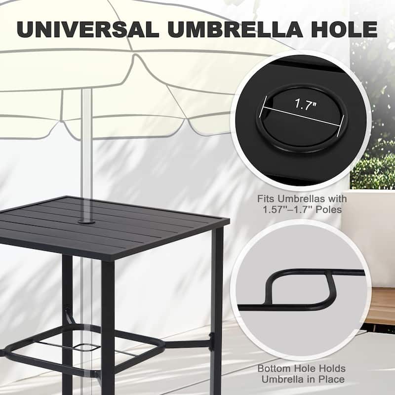 Outdoor 3-Piece Textilene Bar Set, Height Back Bar Stools and Umbrella Hole, Black and Gray