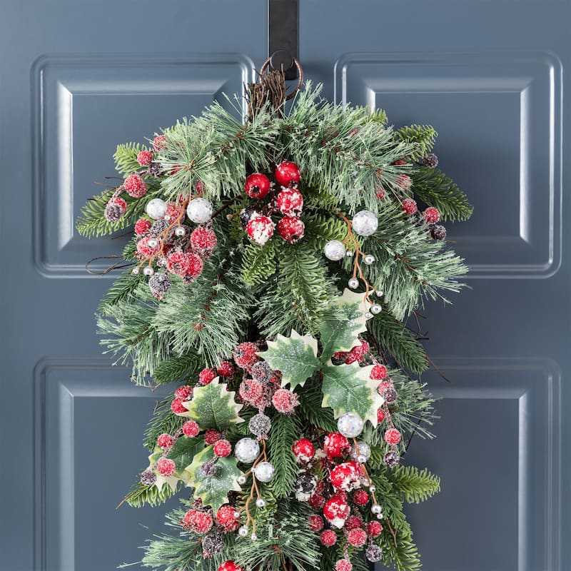 Glitzhome Christmas Berry Bow Pinecone Bell Holy Leaf Teardrop Swag Xmas Wreath