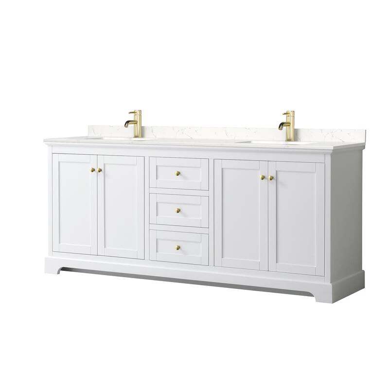 Wyndham Collection Avery 80" Free Standing Double Basin Vanity Set - White / Carrara Cultured Marble Top / Brushed Gold
