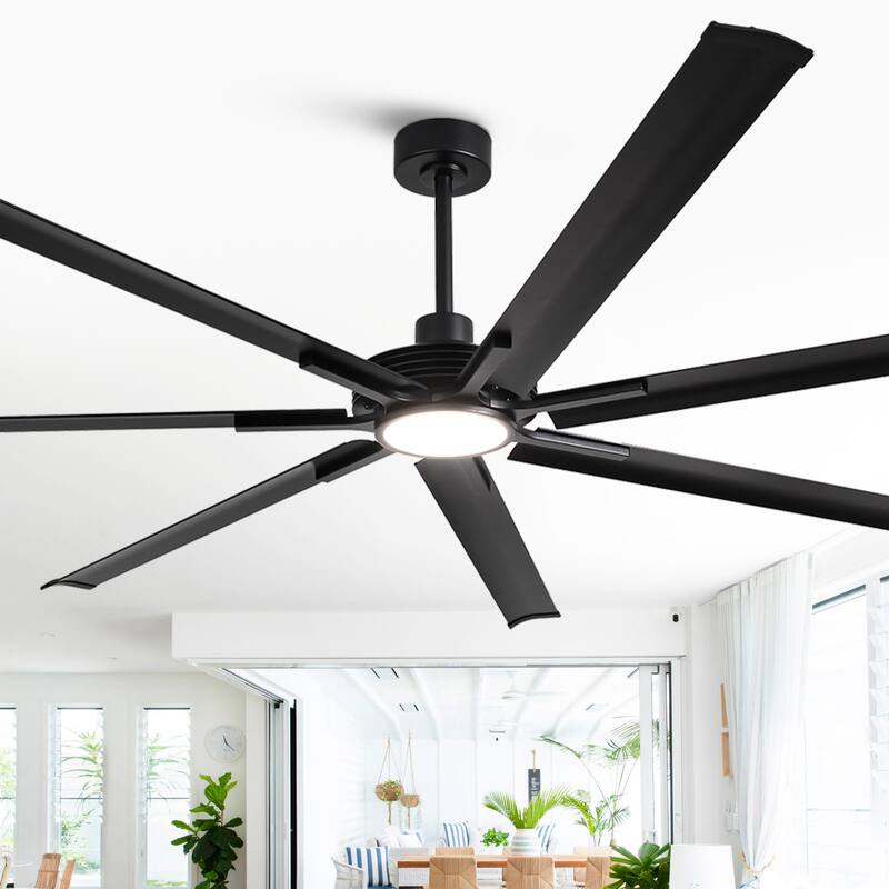 84" Matte Black Dimmable Large Industrial Ceiling Fan with LED Light and Remote - 84 in. D x 84 in. W x 15.3 in. H