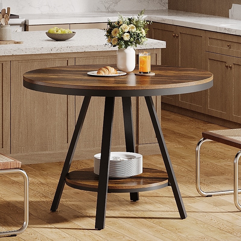 35'' Round Kitchen Dining Table for 2-4 People, Sturdy Metal Leg