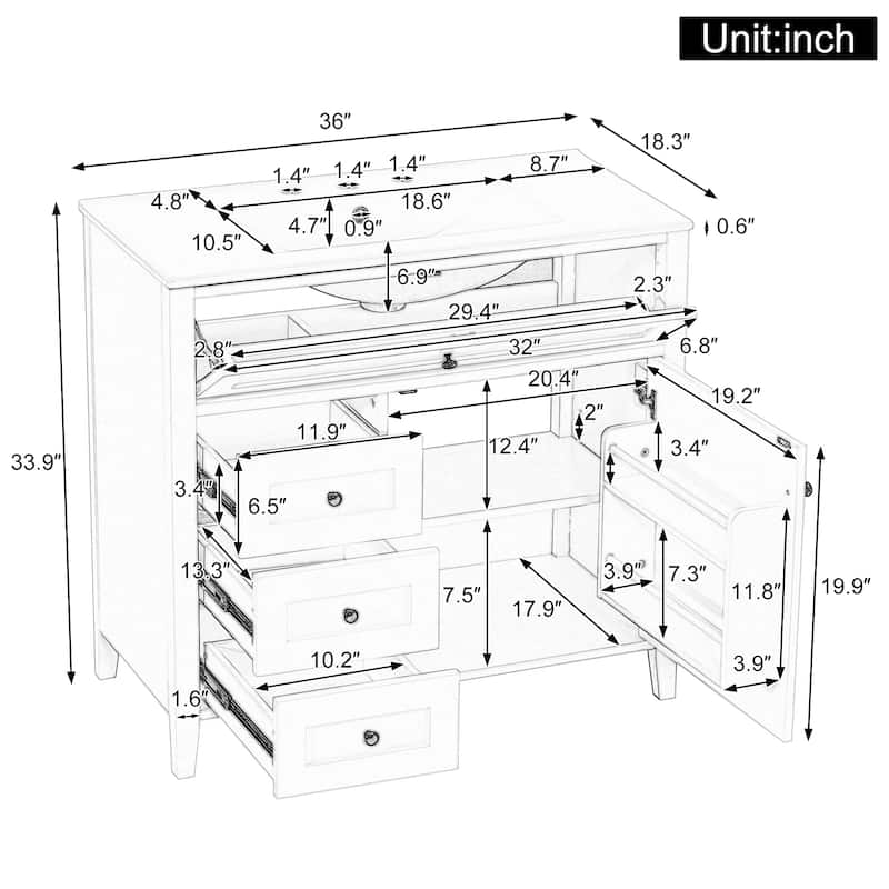 36-Inch Bathroom Vanity with Sink, Modern MDF and Rubberwood Cabinet with 3 Drawers and Adjustable Shelf, Freestanding Vanity